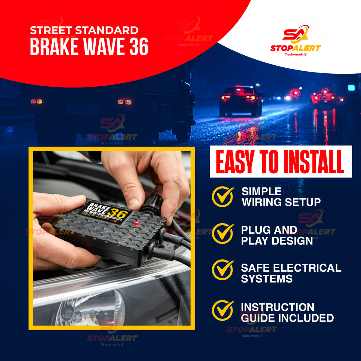 Stop-alert Brake Wave 36 Universal Electronic Led Brake Light Flasher Module Relay 36 Selectable Flash Patterns