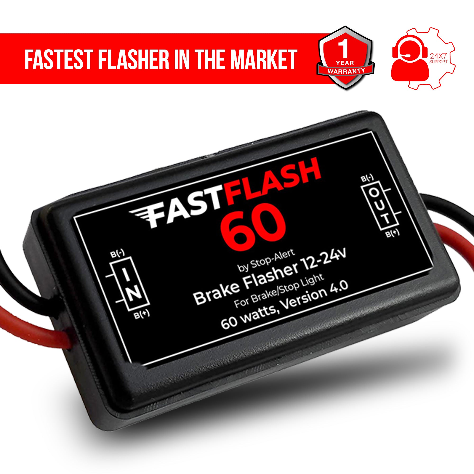 Stop-Alert FastFlash 60 Brake Flasher Module, Tail Light Relay Pre-programmed pattern Heavy Duty– LED & Incandescent Bulb Compatible – Cars, Trucks, Motorcycles - 12v 60W