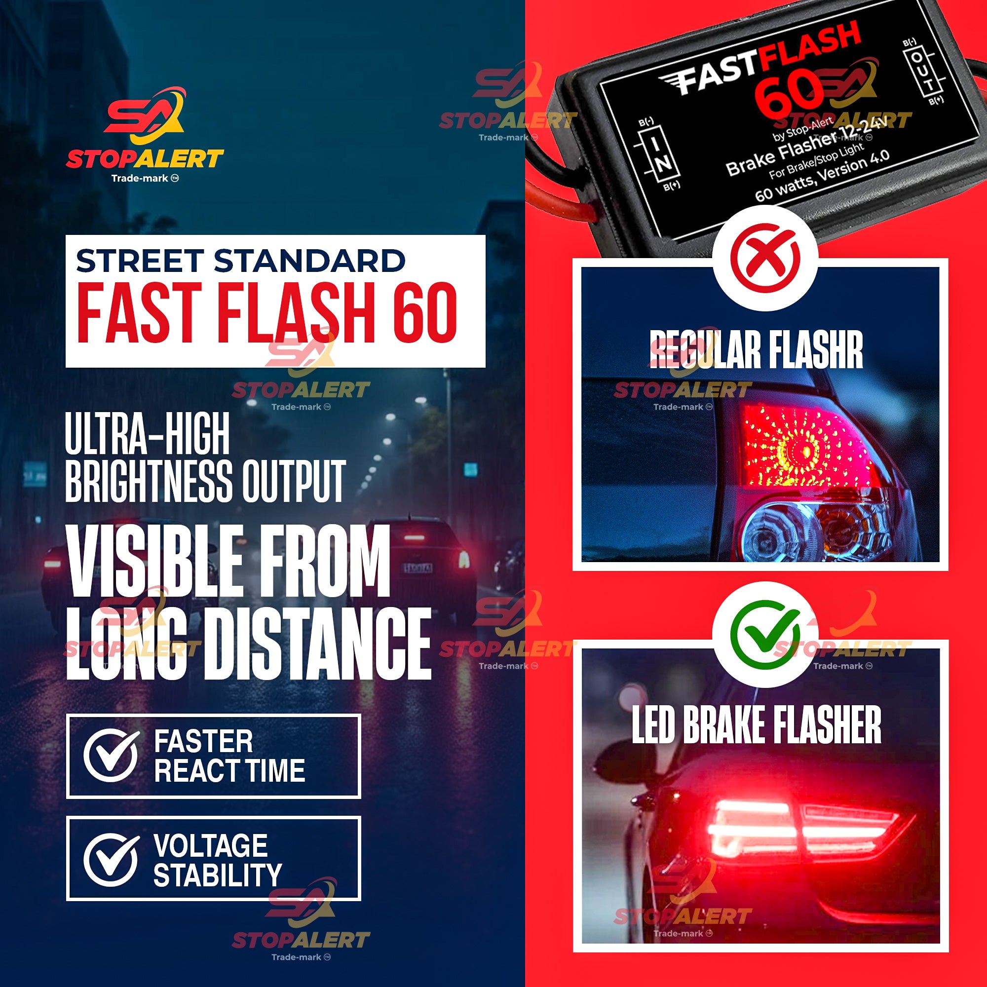 Stop-Alert FastFlash 60 Brake Flasher Module, Tail Light Relay Pre-programmed pattern Heavy Duty– LED & Incandescent Bulb Compatible – Cars, Trucks, Motorcycles - 12v 60W
