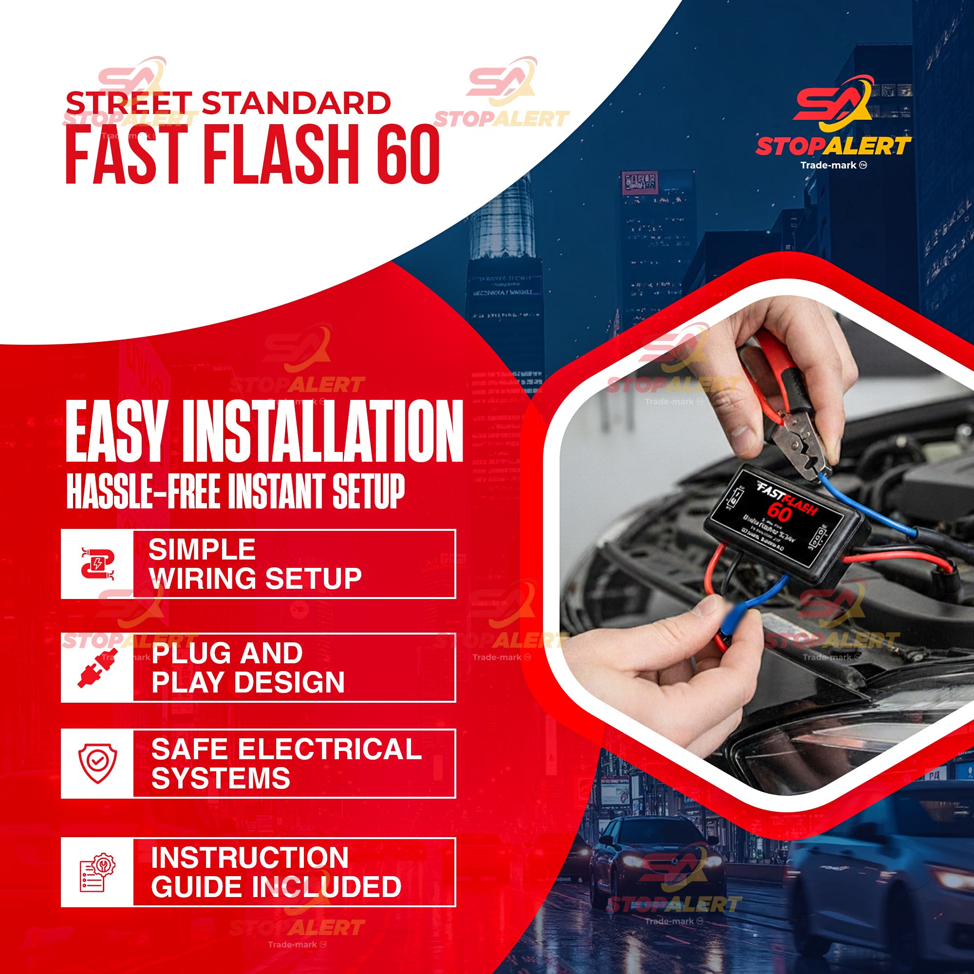 Stop-Alert FastFlash 60 Brake Flasher Module, Tail Light Relay Pre-programmed pattern Heavy Duty– LED & Incandescent Bulb Compatible – Cars, Trucks, Motorcycles - 12v 60W