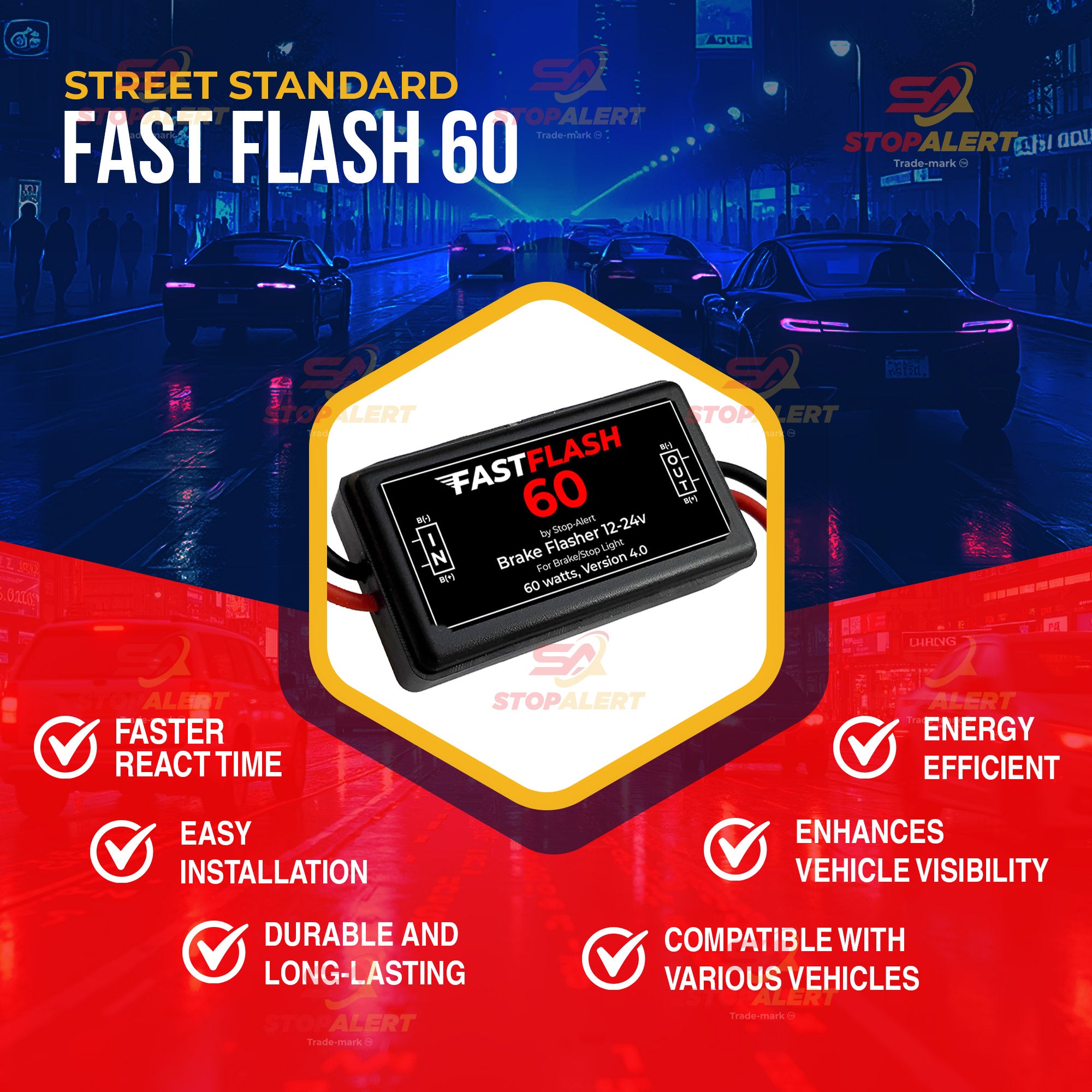 Stop-Alert FastFlash 60 Brake Flasher Module, Tail Light Relay Pre-programmed pattern Heavy Duty– LED & Incandescent Bulb Compatible – Cars, Trucks, Motorcycles - 12v 60W